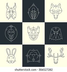 Set of vector animals linear flat icons, labels, illustrations for your design. Lynx, monkey, wolf, lion, bat, eagle, rabbit, beaver, deer