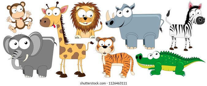 Set of vector animals living in Africa (monkey, giraffe, elephant, lion, rhino, crocodile, zebra, tiger)