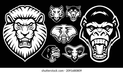 A set of vector animals mascots, such as a gorilla, a lion, an elephant, a ram, and others