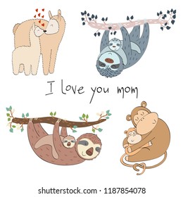 Set of vector animals mums and babies.