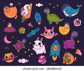 A set of vector animals and objects in space
