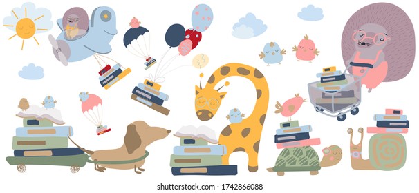 Set of vector animals. Animals read books. Hedgehog and dog are carrying a stack of books. Cartoon style flat illustration. For printing postcards, flyers, posters, textiles. Isolate. White background