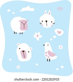 Set of vector animals: sheep, rabbit, bear and bird. Funny and cute. For kids. White, blue and pink