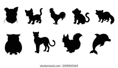 The set of vector animals silhouettes. The big collection of wild animals.