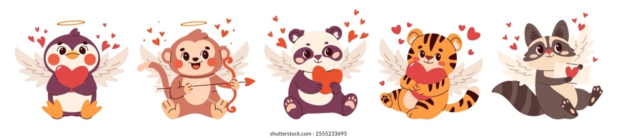 Set of  vector animals for Valentine's Day. Cute cupids panda penguin monkey raccoon and tiger, animals with wings and hearts.Season stickers and clipart. Vector illustration, isolated