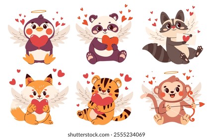 Set of  vector animals for Valentine's Day. Cute cupids panda penguin monkey raccoon fox and tiger, animals with wings and hearts.Season stickers and clipart. Vector illustration, isolated