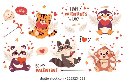 Set of  vector animals for Valentine's Day. Cute cupids  panda penguin monkey raccoon and tiger, animals with wings and hearts. Season stickers and clipart with lettering. Vector illustration