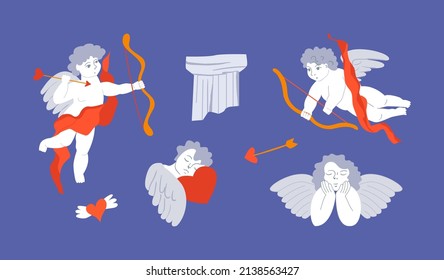 Set of vector antique renaissance cupids. Cute illustration with baby angels and greek statue. 