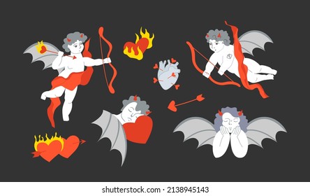 Set of vector antique renaissance cupids. Vector illustration of dark cupids with devil's elements and hearts. Flaming heart, heartbroken. Perfect for prints, textile, decor, cards, t-shirts etc.