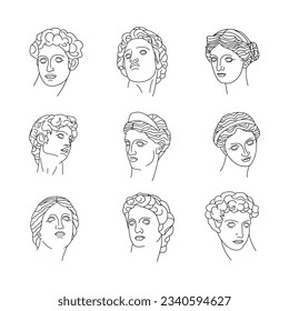 Set of vector antique sculpture line art icons. Hand drawn doodle vector illustration. Line art design.