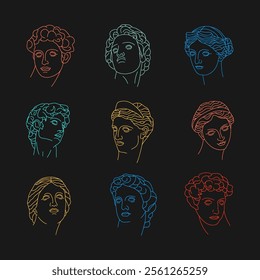 Set of vector antique sculpture line art icons. Hand drawn doodle vector illustration. Line art design.