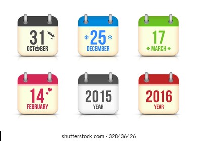 Set of vector app icons for Halloween, Christmas, 2016 year, St Patricks and Valentines Day date reminder. Tear-off calendar page pictogram for holiday isolated on white background