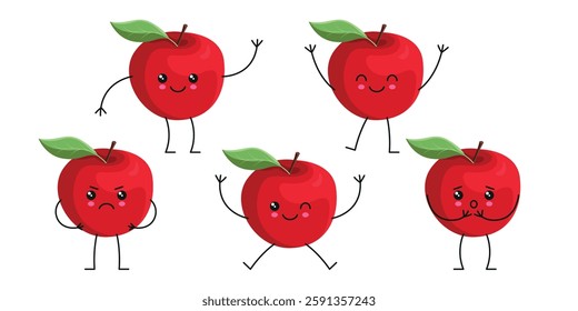 Set of vector apple characters with kawaii emotions, arms and legs