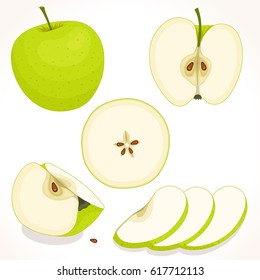 Set of vector apple. Whole, sliced, half of apple isolated on white background. Vector illustration.