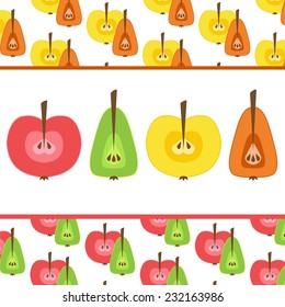 Set of vector apples and pears cut in half. 
