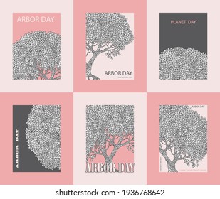 Set of vector Arbor day greeting and invitation cards with grey tree  foliage contour doodle sketch on the pink and beige background. Earth Day print