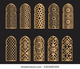 Establecer arcos vectoriales, eps,diseño de arco para corte láser, plasma y cnc. Patrones árabes orientales.Paneles de partición interiores