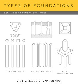 Set of vector architectural blueprints. Deep foundations, types of piles footings. 