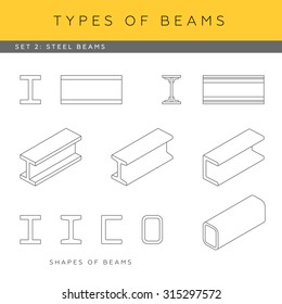 Set of vector architectural blueprints. Types of beams. Collection of steel girders. Beam shapes and isometric items.