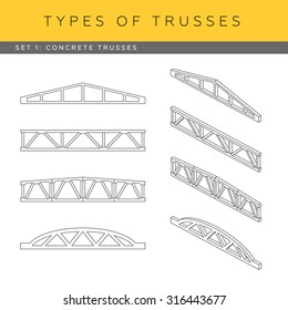 Set of vector architectural blueprints. Types of trusses. Collection of concrete trusses. Front view and isometric items.