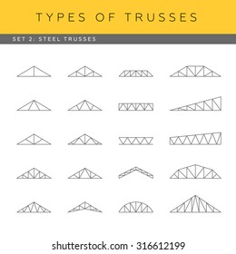 Set of vector architectural blueprints. Types of trusses. Collection of steel trusses. 