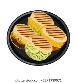 Set of vector Arepas. A traditional Colombian dish. Arepas with black beans, avocado, meat. Vector illustration of food. Latin American food on a black plate. White isolated background.