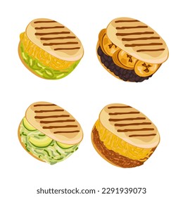 Set of vector Arepas. Traditional dish of Colombian cuisine. Grilled buns with stuffing. Arepas with cheese, avocado, meat. Vector illustration of food.  White isolated background.