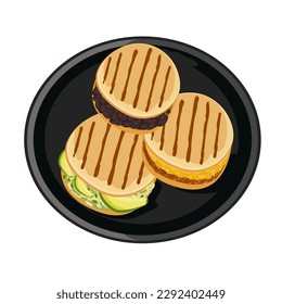 Set of vector Arepas. Traditional dish of Colombian cuisine. Grilled buns with stuffing. Arepas with cheese, avocado, meat. Vector illustration of food. Latin American food on a  plate.