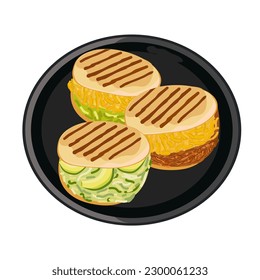 Set of vector Arepas. Traditional dish of Colombian cuisine. Arepas with cheese, avocado, meat. Vector illustration of food. Latin American food on a black plate. White isolated background.