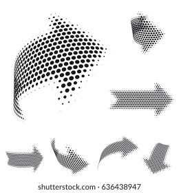 Set Of Vector Arrow Icons. Dotted Halftone Graphic Effect. Abstract 3d Symbols On White Background.