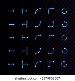 Set of vector arrow icons. Round thin and light minimalist arrow design. Neon colors, glow, blur, dark theme. Desktop and mobile app, UI, infographics, business plan, education. Isolated vector set.