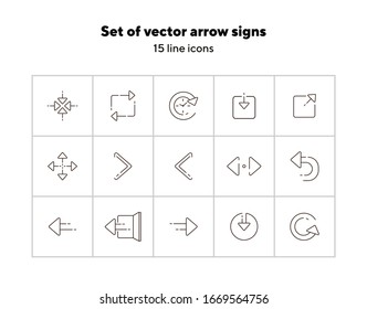 Conjunto de signos de flecha vectorial. Concepto de flecha. Icono de línea. Orientación, puntero. Ilustración plana para diseño web, interfaz de usuario, aplicación móvil, infografía, publicidad