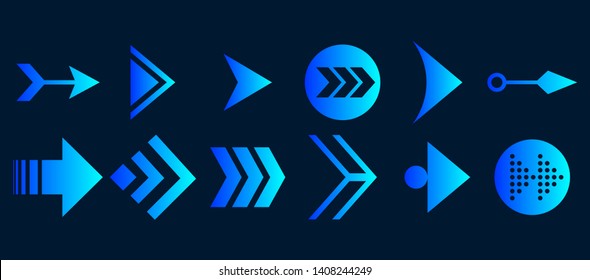 Set of vector arrows. Blue Arrows icon vector on black background