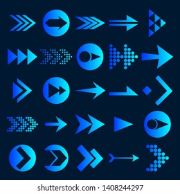Set of vector arrows. Blue Arrows icon vector on black background