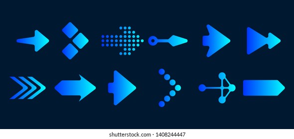 Set of vector arrows. Blue Arrows icon vector on black background