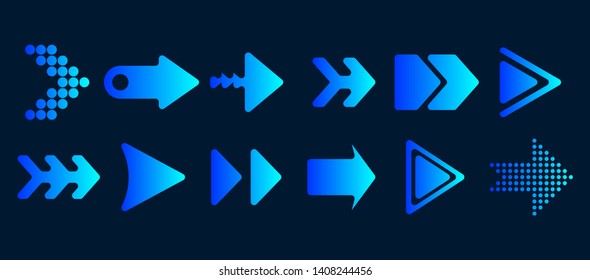 Set of vector arrows. Blue Arrows icon vector on black background