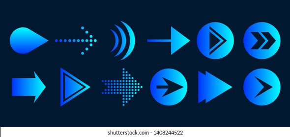 Set of vector arrows. Blue Arrows icon vector on black background