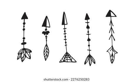 Set of vector arrows in boho style, hand drawn bow arrows with feathers. Doodle black outline vector illustration isolated on white background