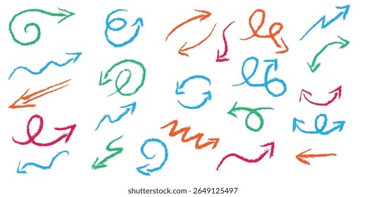Set of vector arrows with crayon pencil and marker textures. Hand drawn doodle style arrow icons with sketchy curves and directions. Up down left and right line elements on white background.