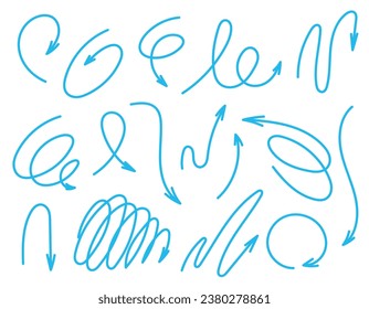 Set of vector arrows doodle illustration, line dynamics, ziggs. Blue arrows. Vector