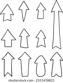 Satz von Vektorpfeilen im Doodle-Stil mit Pinseln und Markern, schwarzer Linien-Vektorsatz, handgezeichneter Vektorsatz.