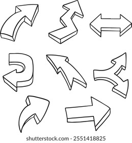 Set of Vector Arrows in Doodle Style Made With Brushes and Markers, Black line vector set, Handdrawn Vector Set.
