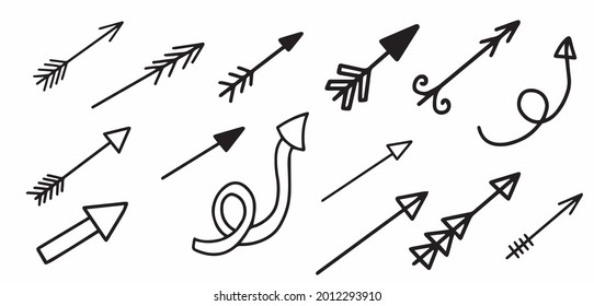 A set of vector arrows drawn by hand, arrows for postcards, coloring books, scrapbooking, decoration. Vector illustration
