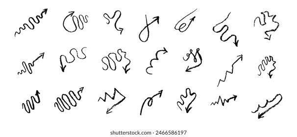 A set of vector arrows drawn by hand in chalk. Pencil strokes.Brushes of different shapes on a black background. Vector brushes in grunge style. Vector horizontal lines in pencil. 