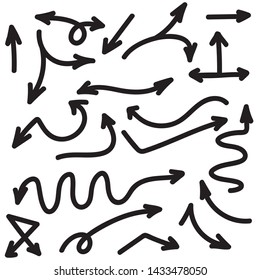 Set of vector arrows hand drawn. Direction in sketch style. Collection of pointers isolated