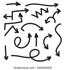 Set of vector arrows hand drawn. Direction in sketch style. Collection of pointers isolated