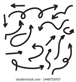 Set of vector arrows hand drawn. Direction in sketch style. Collection of pointers isolated