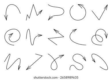 Um conjunto de setas vetoriais. A imagem inclui várias formas e direções de setas desenhadas em linhas pretas em um fundo branco, em um estilo gráfico simples.
