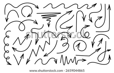 A set of vector arrows. The image includes various shapes and directions of arrows drawn in black lines on a white background, in a simple, graphic style.