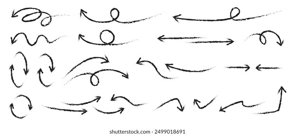 Set of vector arrows on a white background. Vector hand drawn arrows, arrows indicating direction. Design elements. Collection of different arrows